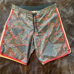 Billabong Leaf Pattern Board Shorts - Red and Gray